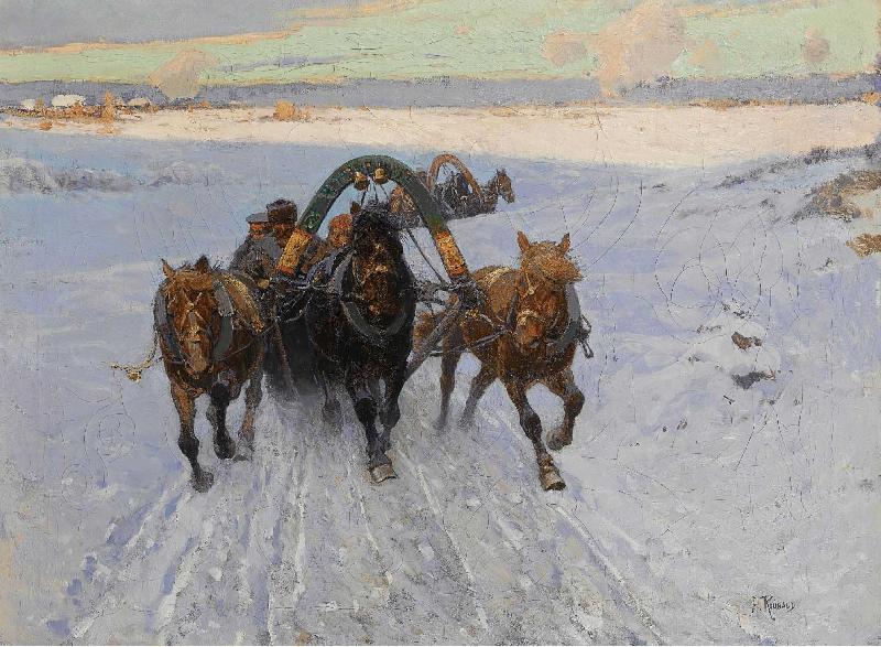 Franz Roubaud Troika racing through the snow oil painting picture